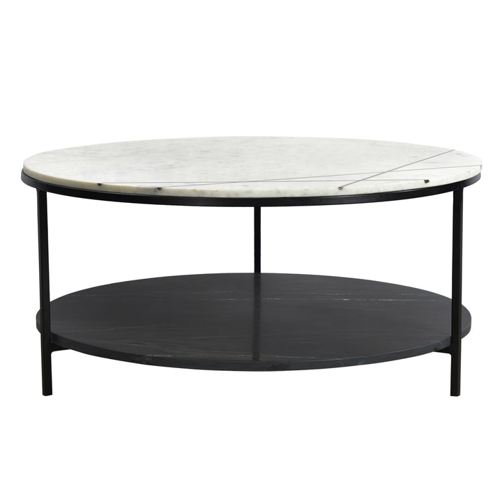 Huron White Banswara Marble and Black Iron Round Storage Coffee Table