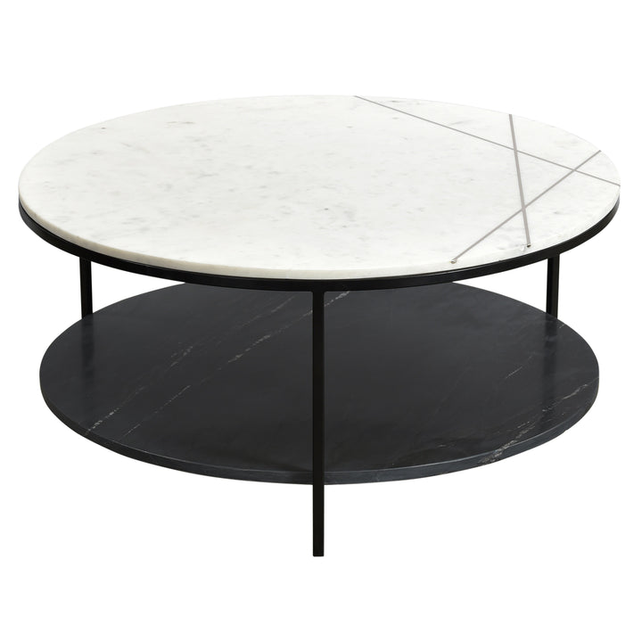 Huron White Banswara Marble and Black Iron Round Storage Coffee Table