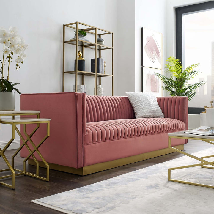 Sanguine Vertical Channel Tufted Performance Velvet Sofa in Dusty Rose