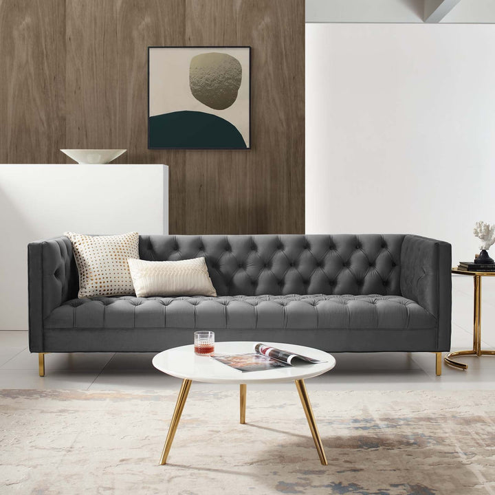 Delight Tufted Button Performance Velvet Sofa in Gray