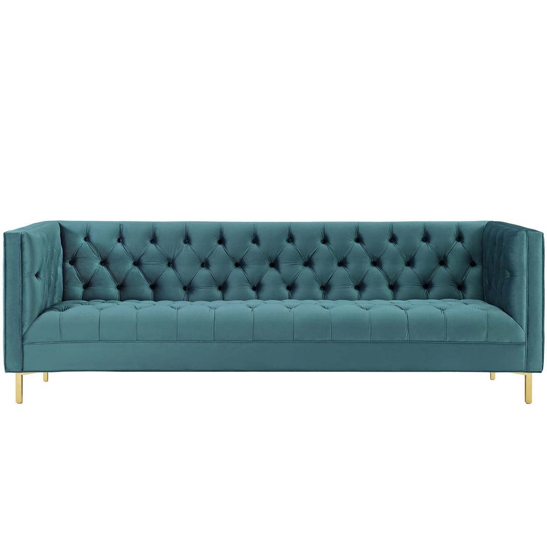 Delight Tufted Button Performance Velvet Tuxedo Sofa in Sea Blue