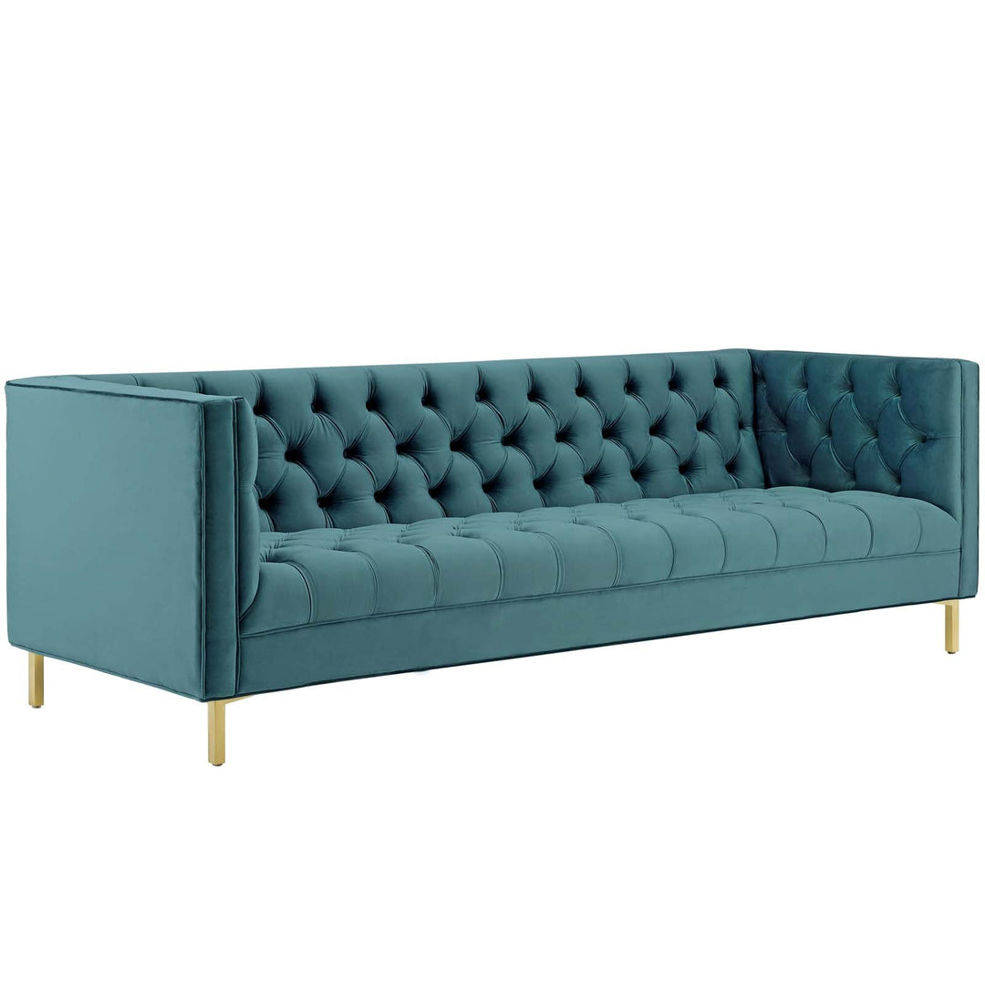 Delight Tufted Button Performance Velvet Tuxedo Sofa in Sea Blue