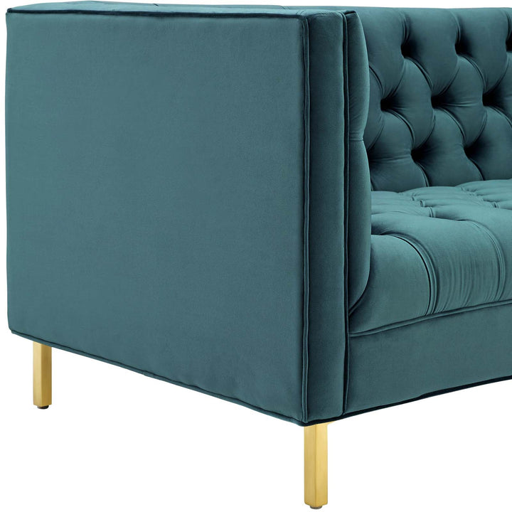 Delight Tufted Button Performance Velvet Tuxedo Sofa in Sea Blue