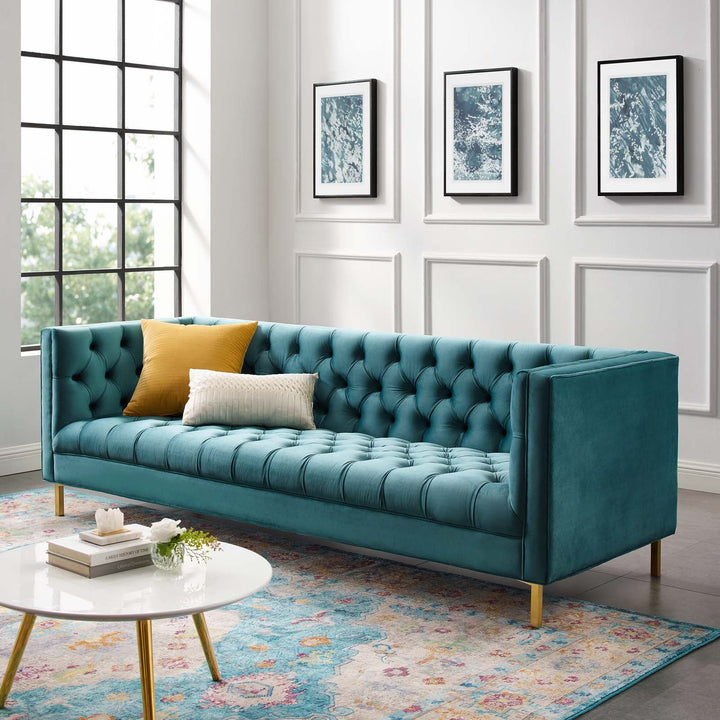 Delight Tufted Button Performance Velvet Tuxedo Sofa in Sea Blue