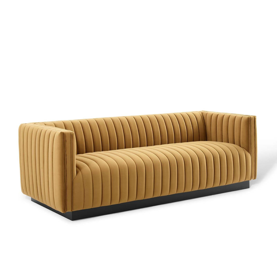 Conjure Channel Tufted Velvet Tuxedo Sofa - Cognac