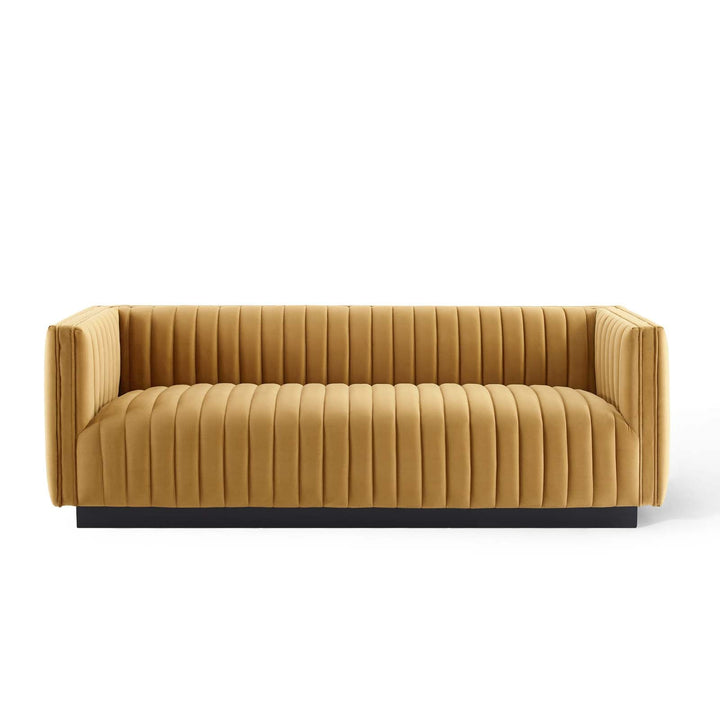 Conjure Channel Tufted Velvet Tuxedo Sofa - Cognac