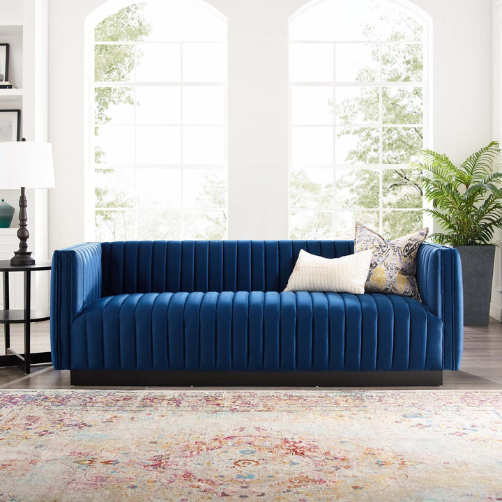 Conjure Channel Tufted Velvet Tuxedo Sofa - Navy